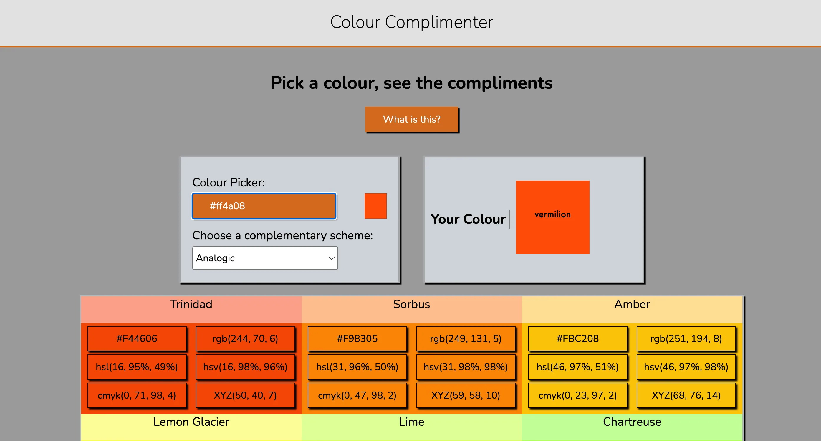Screenshot of an app which lets a user find complimentary colours.