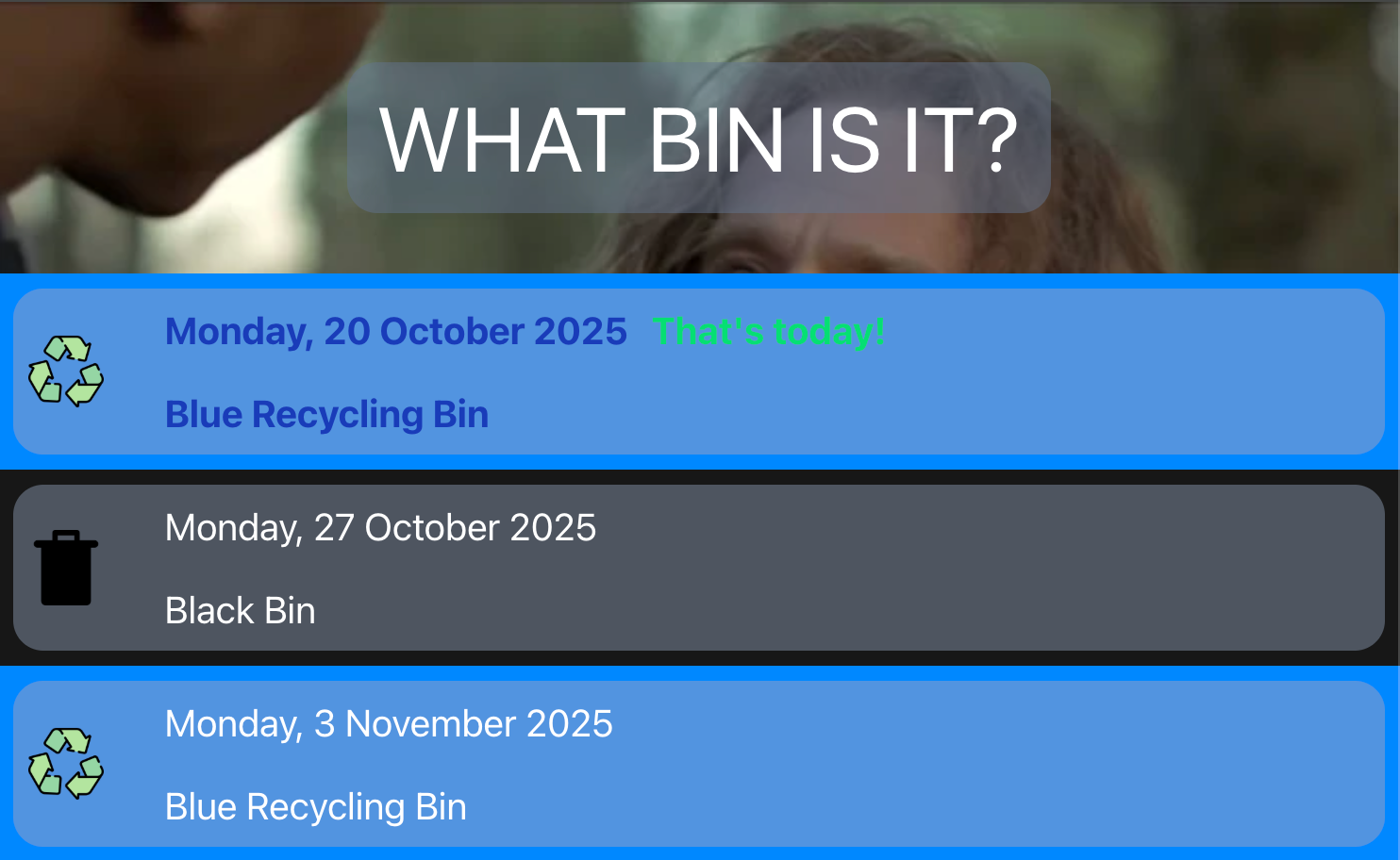 Screenshot of an app which lets me check which bin to put out.